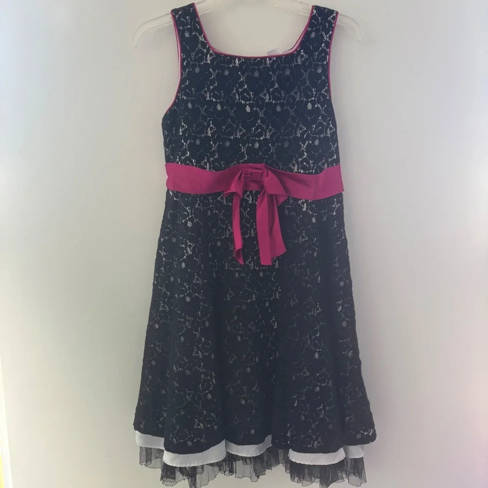 Emily West Girls Size 14.5 Black Lace Dress Pink‎ Ribbon White Layered Hem Party